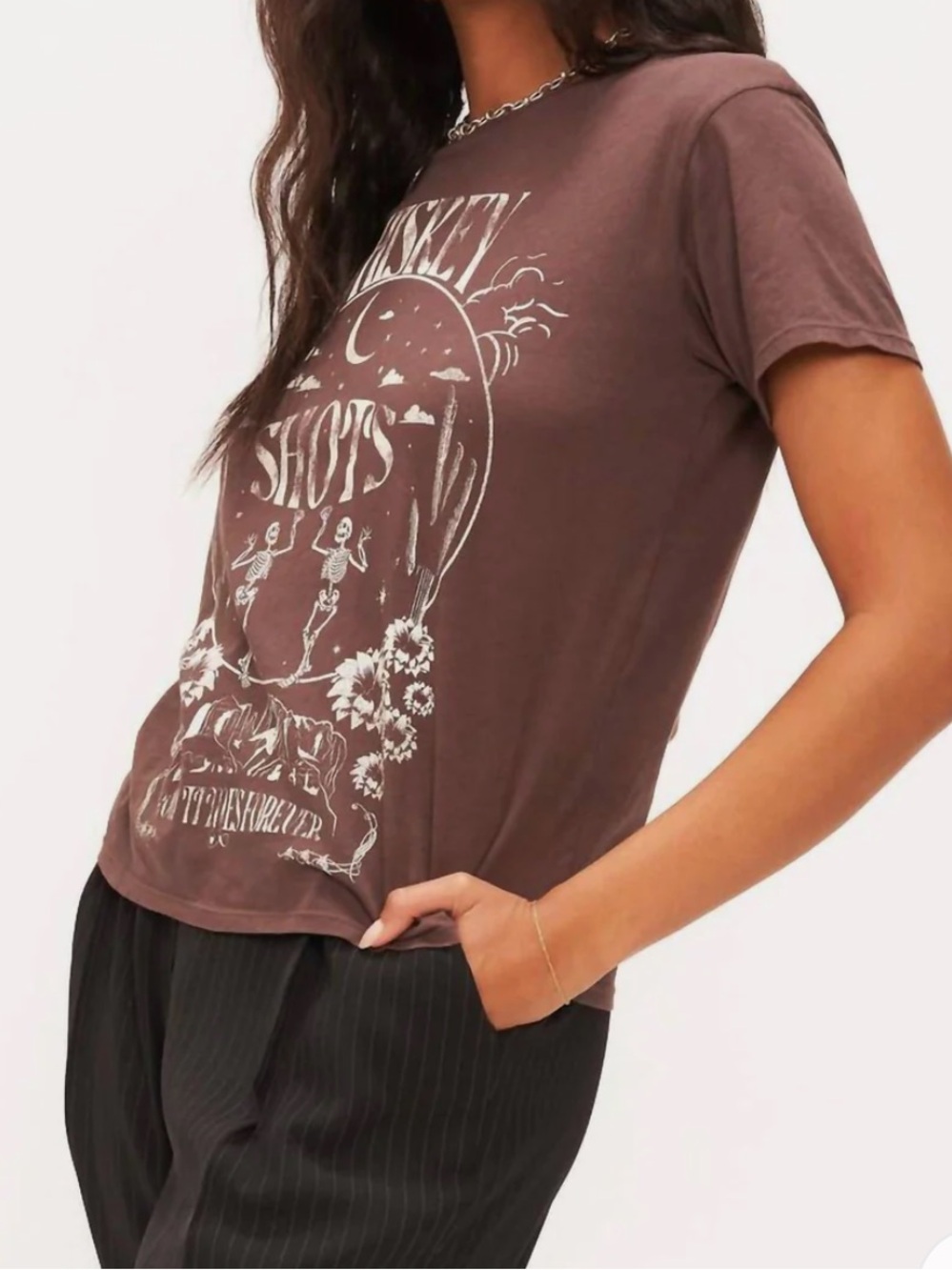 Project Social T Brown Cream Graphic Skeletons Whiskey Women's T-Shirt Halloween